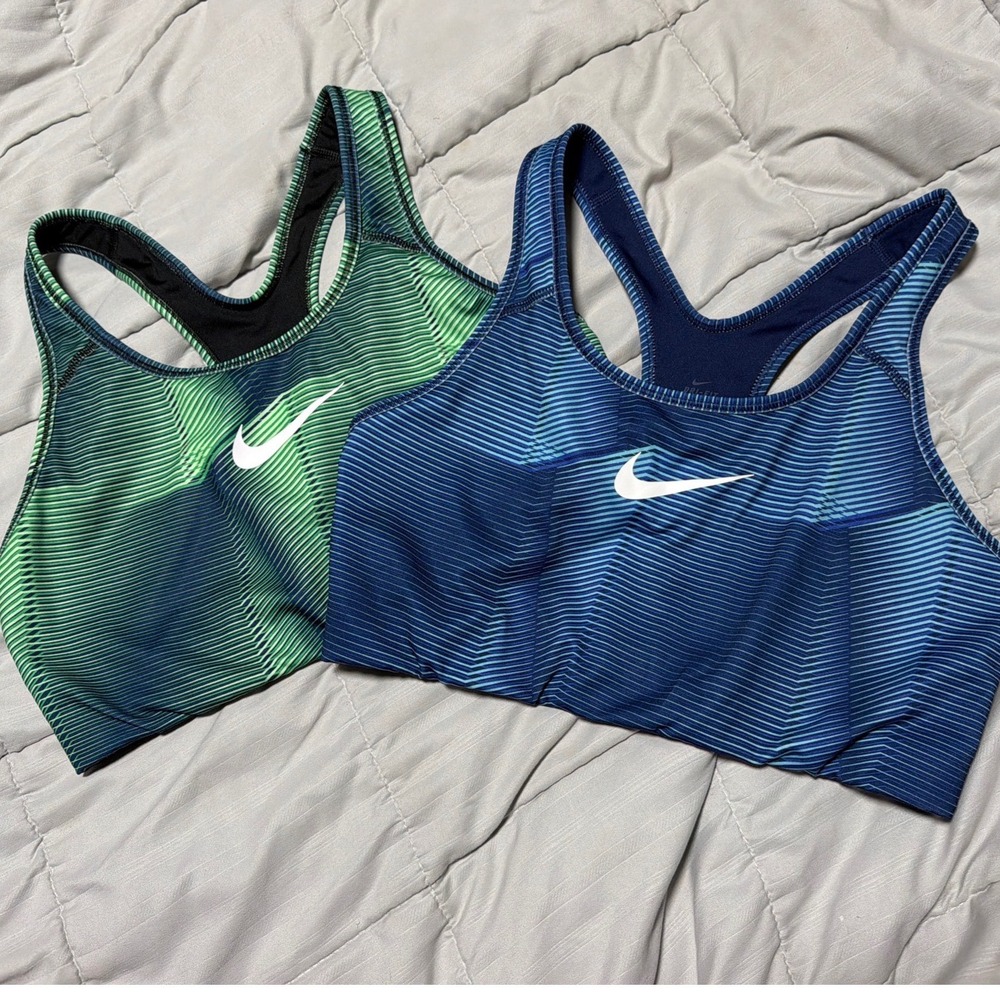 Nike Pro Womens Racerback Sports Bra 2 Pack Green Blue Linear Graphic Print